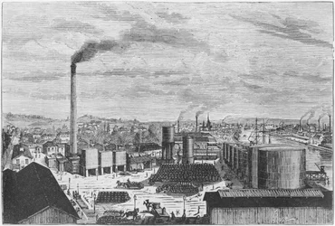 ルーアンの工場であるドイツ企業、ジュリアンターガンの「Les Grandes Usines」のイラスト、1880年頃